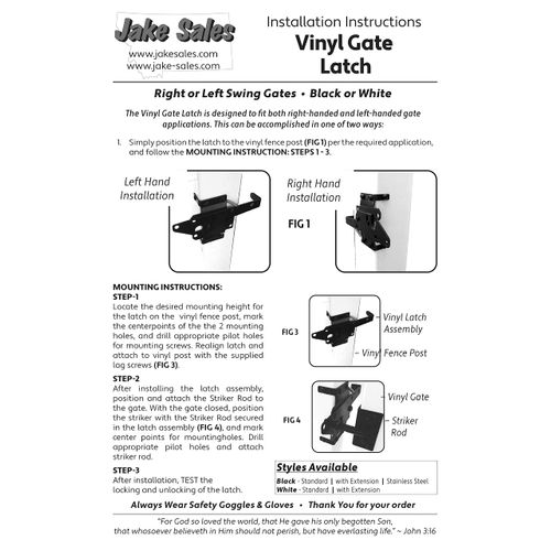 Vinyl Gate Latch Black (for Vinyl, Wood, PVC etc Fencing) Fence Gate Latch w/Mounting Hardware - Gate Latches Have a 90 Degree Bracket Resulting in a Positive Latch to Gate Connection