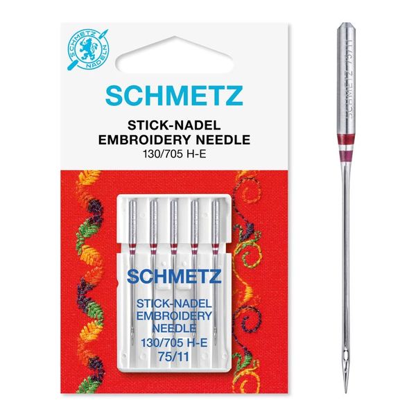 SCHMETZ Domestic Sewing Machine Needles |5 Embroidery Needles | 130/705 H-E | Needle Size: 75/11 | for on All Conventional Household Sewing Machines and Household Embroidery Machines