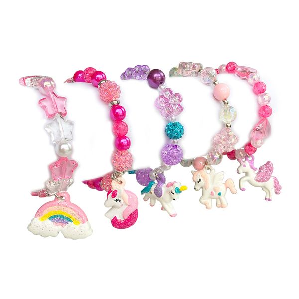 ELEMIRSA 5pcs Little Girl Bracelet Kids Unicorn Bracelets Girl Unicorn Party Favor Pretend Play Bracelet for Toddlers Teens Charm Bracelet Gift Box