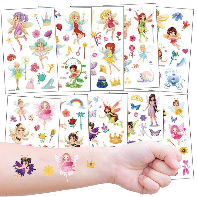 10 Sheets Glitter Fairy Temporary Tattoos for Kids - Girls’ Party Goody Bag Fillers & School Rewards (Fairy)