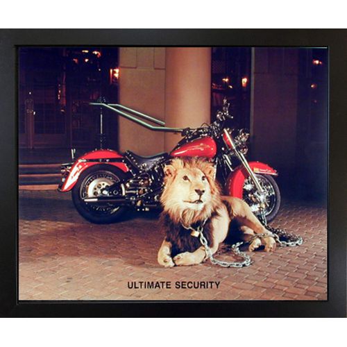 Harley Davidson Motorcycle with Ultimate Security Lion Black Framed Wall Decor Art Print Picture (18x22)