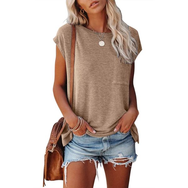 MIROL Women's Short Sleeve Tunic Tops 2023 Basic Loose T Shirts Solid Color Batwing Cap Sleeve Casual Tee Khaki