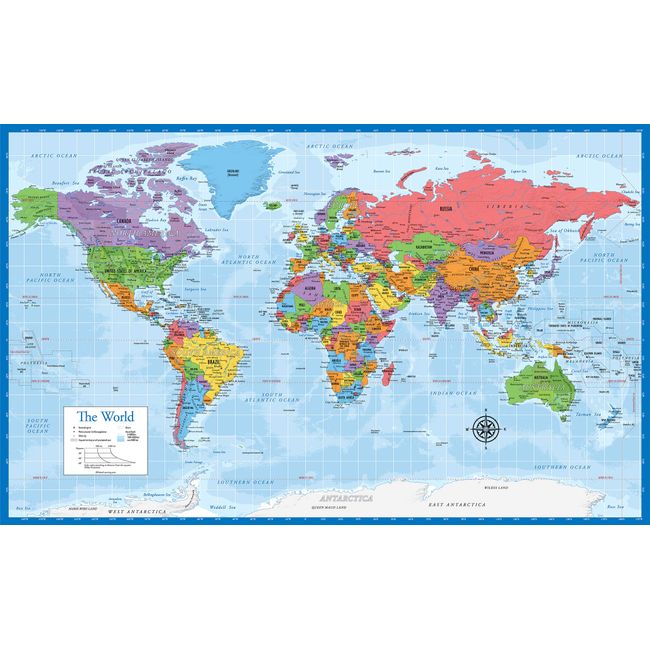 Laminated World Map - 18" x 29" - Wall Chart Map of the World - Made in the USA