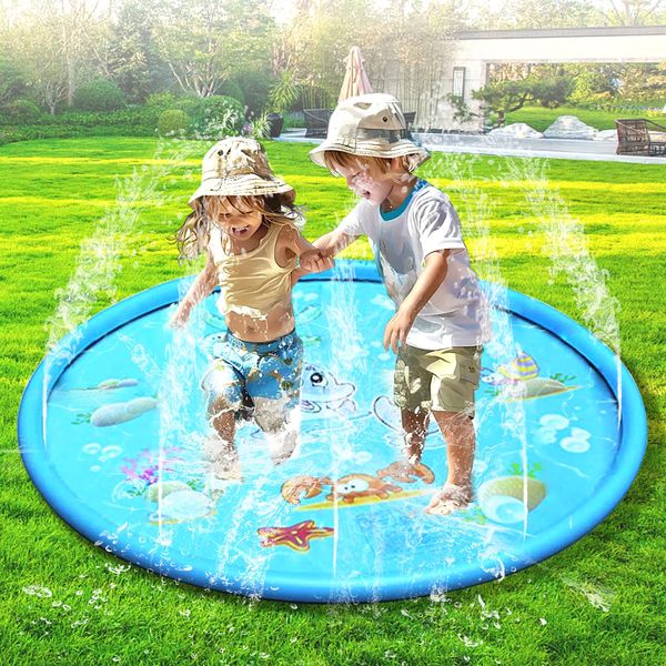 LURNODY Wasserspielmatte für Haustiere100 CM/39 Zoll Wassersprinkler Matte Kinder Splash Pad, Sommerliches Wasserspielzeug für Den AußEnbereich, Geeignet für Kinder Im Alter Von 3–12 Jahren (Blau)