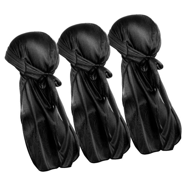 COMNICO Silky Durag 3Pcs Premium Satin Extra Long Tails Wide Straps Wrinkle Free Waves Cap Ultra-Soft Comfortable Elastic Turban Du Rags Pack Designer for Men Women Braids, Black