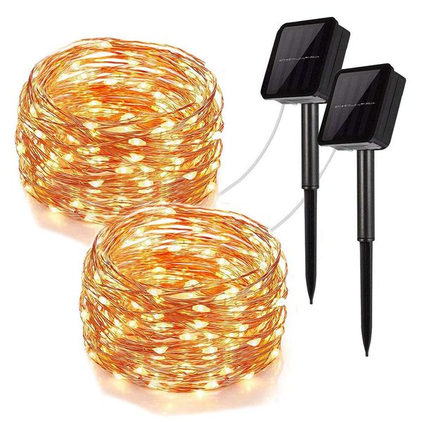 Solar String Lights, 100LED Copper Wire Solar Fairy Lights 33Ft 8 Modes Waterproof Outdoor String Lights for Christmas Party Wedding Decoration Patio Garden Yard 2 Pack (Warm White 100LED)