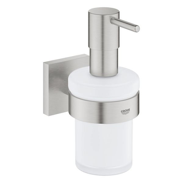 GROHE Start Cube Soap Dispenser with Holder (Material: Frosted Glass & Metal, Filling Quantity 160 ml, with Screws and Dowels), Size 158 mm, Easy to Fit with GROHE QuickGlue, Stainless Steel, 41098DC0