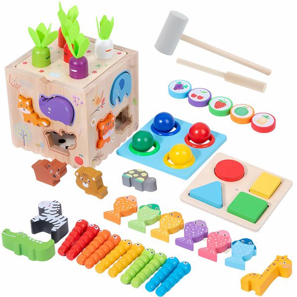 HOLAPUZZLE Baby Activity Cube 8-in-1 QIYI Wooden Montessori Toys for 1+ Year Old Multifunctional Educational Learning Sensory Toy, Sorting & Stacking Toys for 12M+ Toddlers Birthday Gifts for Kids