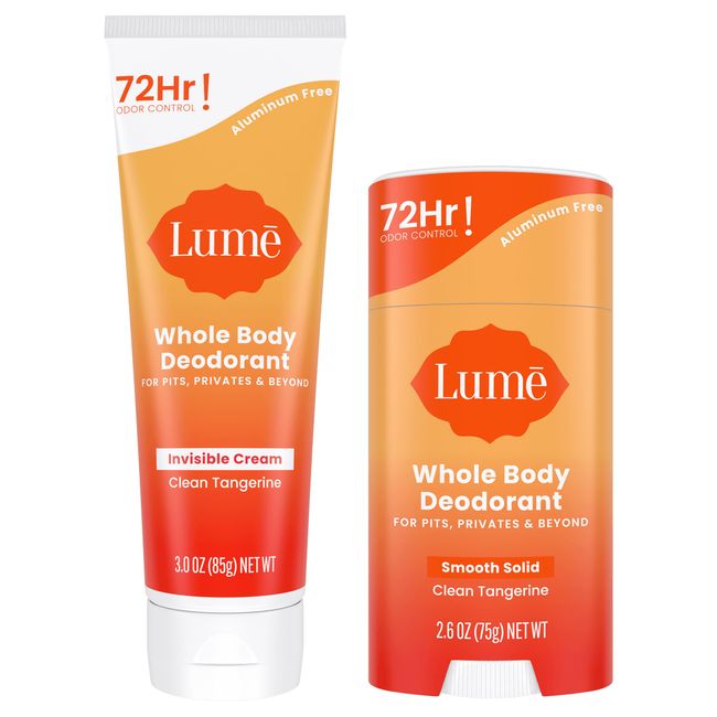 Lume Whole Body Deodorant - Invisible Cream Tube and Solid Stick - 72 Hour Odor Control - Aluminum Free, Baking Soda Free, Skin Safe - 3.0 Ounce Tube and 2.6 Ounce Solid Stick Bundle (Clean Tangerine)