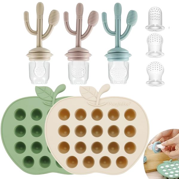 PandaEar 2 Pack Baby Food Freezer Tray & 3 Pack Baby Fruit Food Feeder Pacifier, Baby Fruit Food Feeder Teether Tray Ice Cube Maker, Silicone Feeder Cactus Shape Teething Toy 3 Sizes Pouches