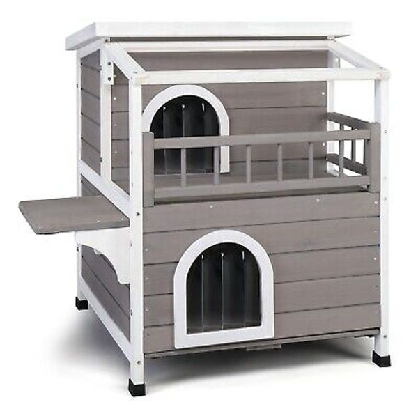 2 Story Wooden Cat Condo w/ Balcony Pet House Enclosure Shelter Indoor/Outdoor