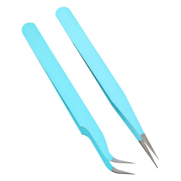 Tadipri Pack of 2 Professional Eyelash Tweezers Stainless Steel Straight and Curve Tips Tweezers Eyelash Tweezers for Eyelash Extensions (Blue)