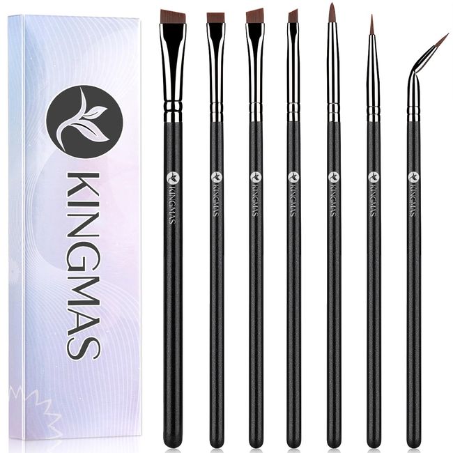 KINGMAS Fine Angled Eyeliner Brush, Premium 7 Pieces Gel Eye Liner Makeup Brushes, Angled Flat Definer Ultra Thin Bent Pencil Point Eyeliner Brushes for Women Girls