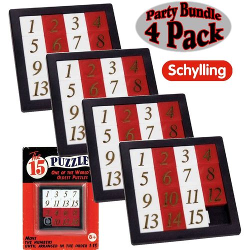 Schylling The 15 Puzzle (Number Slide Brain Teaser) with Clear Carry Case Party Bundle - 4 Pack
