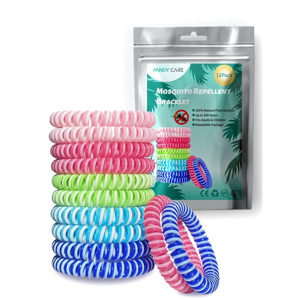 Mosquito Repellent Bracelet 12 Pack, PandyCare Insect, Midge & Mosquito Bands Wristbands for Adults, Kids & Baby - 2 Coils in 1, Waterproof, 100% Natural Plant Essential Oil, Deet Free with 300 Hours