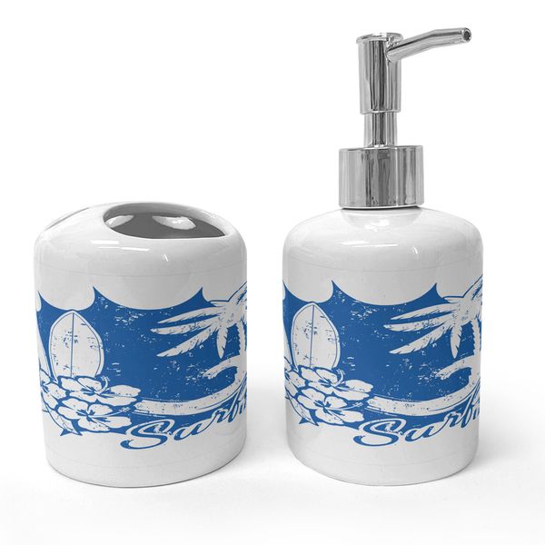 Ambesonne Surfboard Soap Dispenser & Toothbrush Holder Set, Tropical Summer Beach Themed Grunge Pattern Surfing Time Lettering, Ceramic Bathroom Toiletry Accessories, 2 Pcs, White and Cobalt Blue