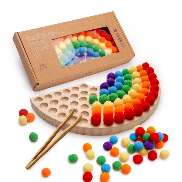 Mamimami Home Chopsticks Training Toy, Rainbow Building Blocks, Wooden Puzzle, Shape Matching, Ball Matching, Wooden Toys, Montessori, Chopsticks Practice, Color Recognition, Fingertip Training,