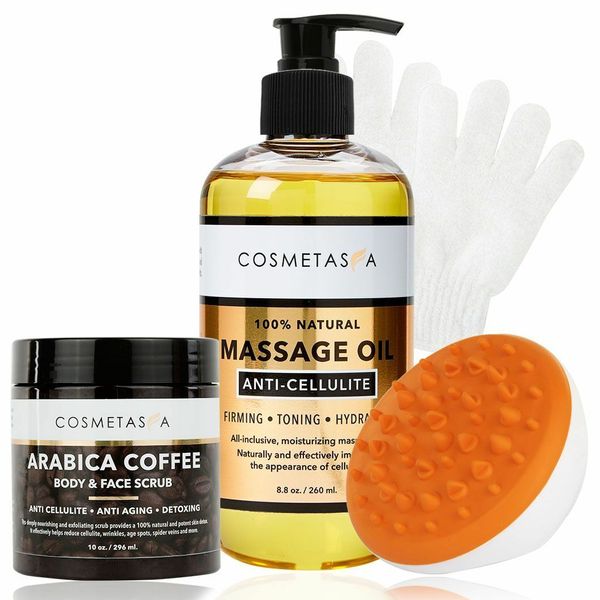 Anti Cellulite Massage Oil, Arabica Coffee Scrub, W/ Cellulite Massager & Gloves