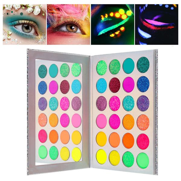 Kalolary Neon Glitter Luminous Eyeshadow Palette, 24-color Highly Pigmented Eyeshadow Makeup Palette, UV Glow Blacklight Matte and Glitter Makeup Kit for Women's Easter Halloween Christmas Makeup