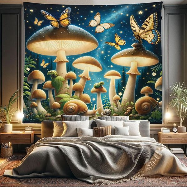 FENDROM Yellow Mushroom Tapestry Moon Star Mysterious Jungle Tapestries Aesthetic Butterfly Starry Night Wall Hanging UV Reactive Snail Frog Wall Art for Bedroom Living Room Dorm