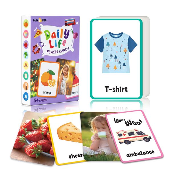 Bear Tale Alphabet Flash Cards for Toddlers 1 2 3 4 5 6 Years About Daily Life, 54pcs Double Sided Printed Kids Toddler FlashCards, Early Learning Educational Toys for Kindergarten Preschooler