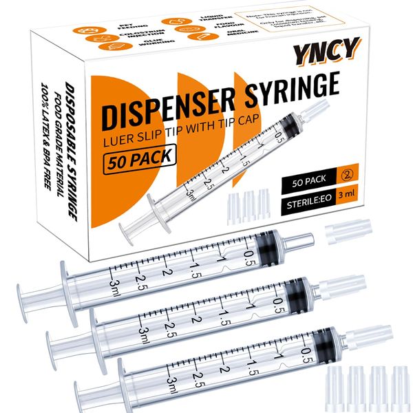 3ml Syringes with Cap, Luer Slip Tip, Whole Pack Bulk Sterile Sealed, No Needle, 50 Pack