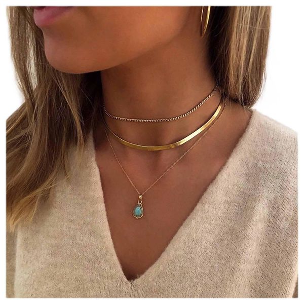 Allereyae Vintage Layered Turquoise Necklace Turquoise Pendant Necklace Blue Stone Bead Choker Necklace Gold Snake Herringbone Chain Necklace Jewelry for Women and Girls