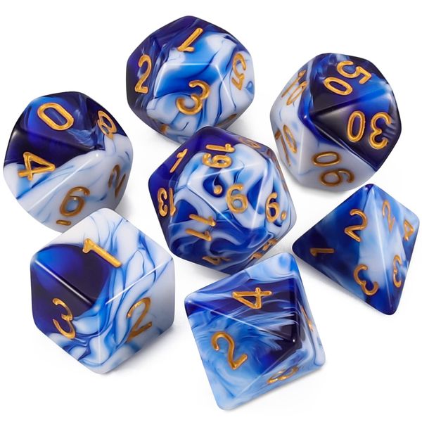 QMAY DND Dice Set - Polyhedral Dice (Blue Mix White) 7 Pcs for Dungeon and Dragons D&D RPG Role Playing Games Dice with Dice Bag