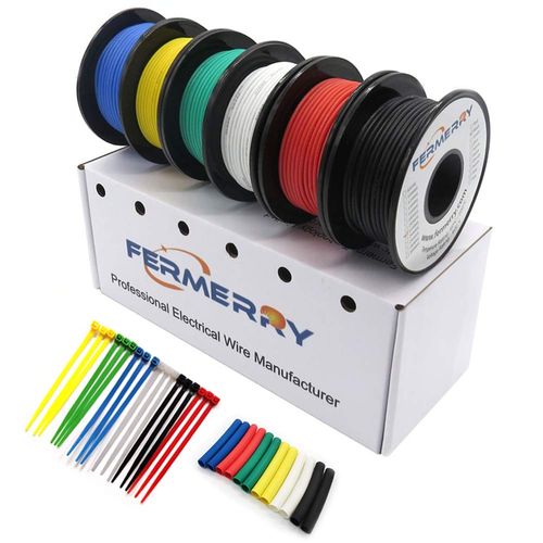 Fermerry 20 AWG Stranded Wire, Silicone, Tinned Copper Wire Coil, 6 Colours/3 m Each, Flexible 20 Gauge Connection Cable Set, 0.5 mm² Cable, Electric Wire, 200 °C, Assortment