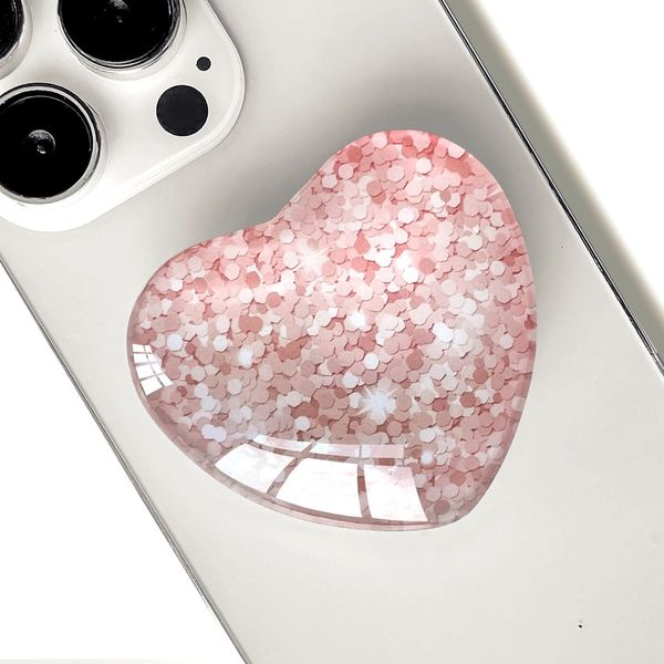 Ksadiye Expandiing Moblile Phone Grip Heart Glass Holder for Smartphones, Cell Phone Collapsible Stand（ Rose Gold Shatter