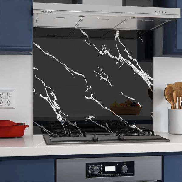 BELOFAY 60x80cm Black Marble Tempered Glass Splashback for Kitchen | 6mm Toughened Glass Heat Resistant Splashbacks for Cookers