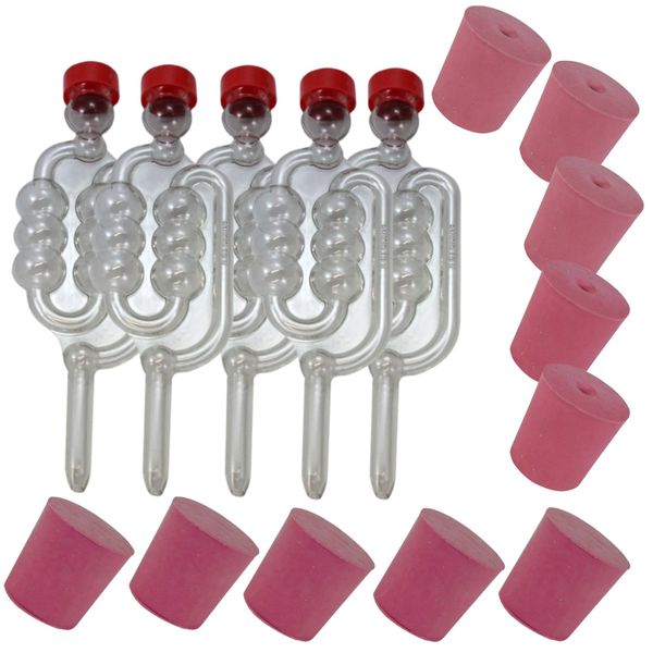 5X Fermentation Bubbler Airlocks, 5 Bored Rubber Bungs and 5 Solid Bungs Homebrew Winemaking