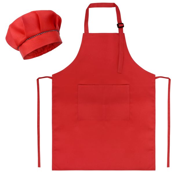 SUNLAND Kids Apron And Hat Set Children Chef Apron For Cooking Baking Painting (Red, S)