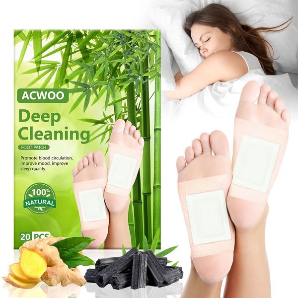 ACWOO Detox Foot Patches, 20 Pcs 100% Natural Foot Detox Pads to Remove Toxins Deep Cleansing, Organic Bamboo Vinegar Detox Foot Patches for Stress Relief, Sleep Aid, Enhance Blood Circulation