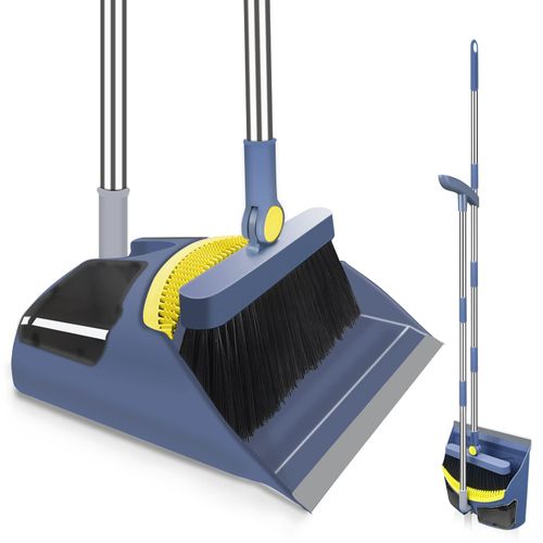 Hibaby Broom with Dustpan Combo Set, 55" Long Adjustable Handle Broom and Dustpan Set Pet Hair Removal Broom with Dustpan Teeth to Clean Hair Suitable for Home Kitchen Office Hall Floor(Blue)