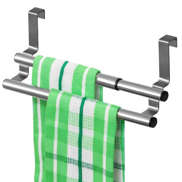 Tatkraft Double – Extendable Over the Door Towel Rail - Tea Towel Holder for Cupboard Doors and Drawers – No Drilling – Retractable – 9.8-15.7 x 5.5 x 4.7