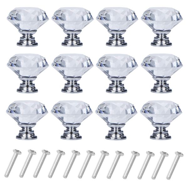 YourGift 12 Pack Drawer Knobs Diamond Shaped Crystal Glass 30mm Cabinet Knobs Pull Handles (Silver)