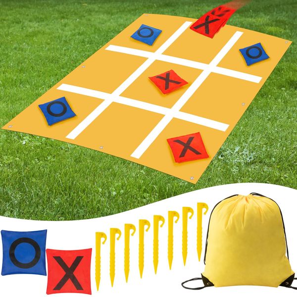 Capoda 20 Pcs Tic Tac Toe Game Set Bean Bag Toss Game Outdoor Tic Tac Toe Cloth with Bean Bag Drawstring Storage Bag Yellow Ground Nails for Boy Girl Adult Family Camping Indoor Outdoor Game Supplies