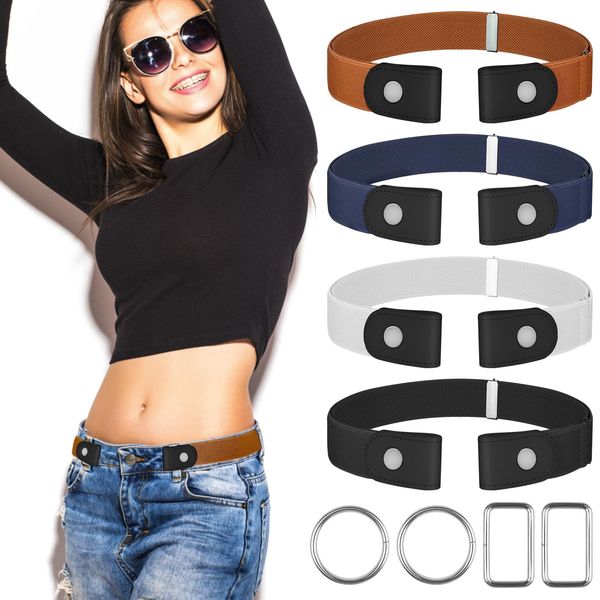 【4 Pcs】No Buckle Stretch Belt for Womens and Men Elastic Waist Belt Invisible Belts for Jeans Pants Dresses Skirts (S-M:Waist Size 20''-35'', 4Pcs Set A)