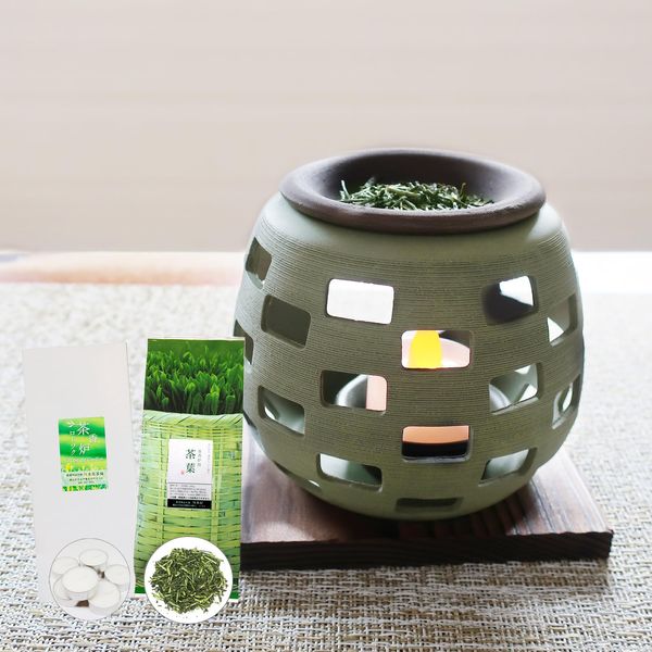 Tokoname Ware Tea Incense Burner, Stone Dragon, Check, Green, Candle, Exclusive Tea Leaf Set, Set of Tea Incense Burners, Made in Japan