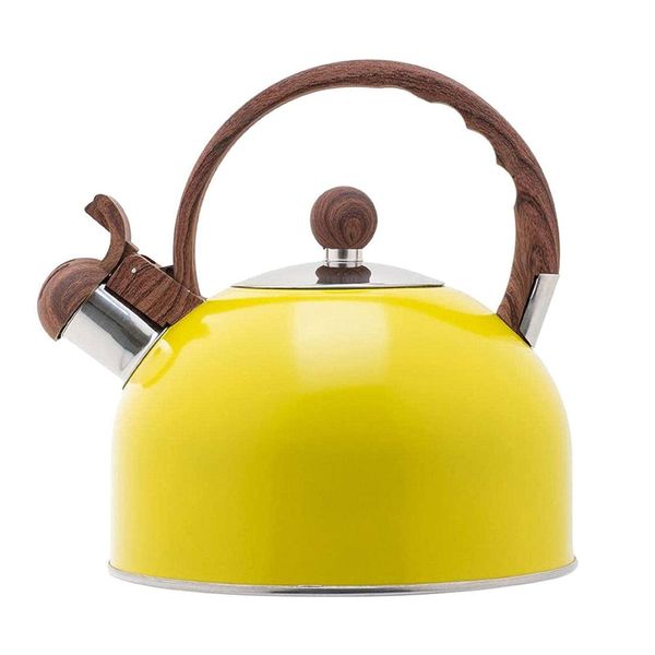 Tea Kettle, Whistling Tea Kettle for Stovetop - 2.5L Stainless Steel Whistling Kettle Tea Pot for Stove Top with Wood Grain Handle Loud Whistle (Yellow)