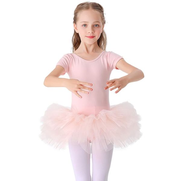 Bezioner Kinder Ballettkleidung Tütü Ballettkleid Mädchen Baumwolle Balletttrikot Kurzarm Ballettanzug Tanzbody mit Rock Rosa Offener Schritt mit Knopf 130