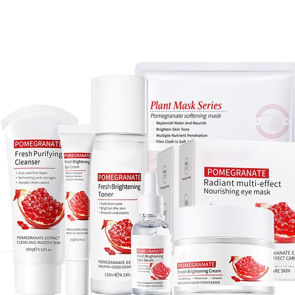 Rosarden Pomegranates Skin Care Kit, 7 in 1 Skincare Gift Set with Face Cleanser, Toner, Face Serum, Face Cream, Eye Cream, Facial Mask & Eye Mask, Firming, Anti-Aging, Boosting Collagen & Hydrating