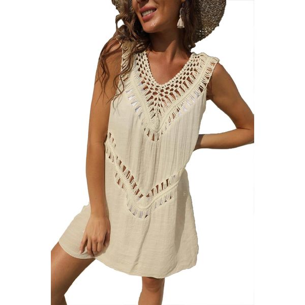 Joligiao Womens Beach Swimsuit Cover Ups Sleeveless V Neck Hollow Out Beachwear Bikini Cover Up Sarongs Beach Summer Dresses for Ladies(One Size,Beige)