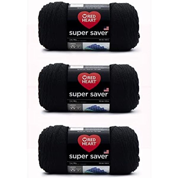 Red Heart Super Saver schwarzes Garn – 3 Stück 198 g – Acryl – 4 Medium (Kammgarn) – 360 Meter – Stricken/Häkeln