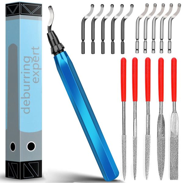 Nujzuir Deburring Tool Manual Deburring with 11 Replacement Blades and 5 Diamond File Sets for for Cutting and polishing 3D Printers, Plastic, Aluminum, Stainless Steel (11 Blades with Needle Files)