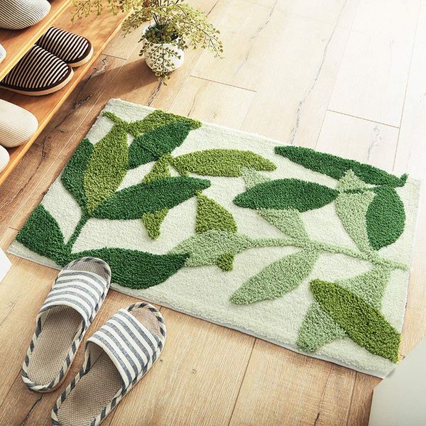 Morbuy Non-Slip Bath Mat, 50 x 80 cm Green Leaf Bathroom Floor Mat Super Soft and Water Absorbent, Machine Washable Microfiber Bathroom Rug for Bathroom, Shower, Bedroom, Kitchen, Doorway