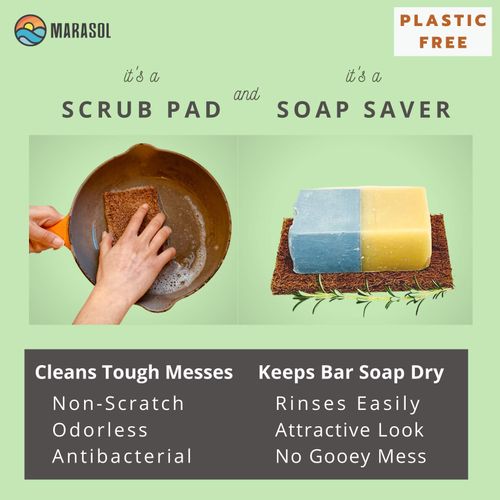 Marasol Soap Saver and Scrub Pad (4) | Coconut Fiber - Compostable | Plastic Free - Zero Waste | Bar Soap Holder | Tough Non-Scratch Scour Pad | Vegetable Brush | 4-Pack