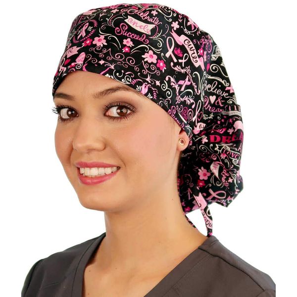 Sparkling EARTH - Pink Ribbon Collage on Black - Unisex Big Hair Ponytail Surgical Scrub Style Working Caps - Made in The USA!