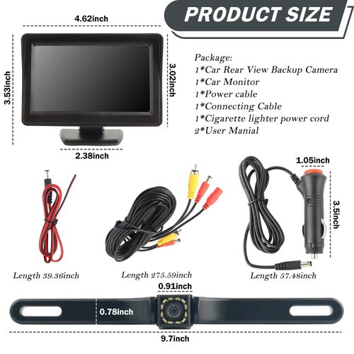 Backup Camera for Car,Plug & Play Car Back up Camera with 90 Degree Wide Angle & Night Vision Design,Power Cord,Multi-Function 12 LED HD Backup Cameras with Monitor Cars Accessories